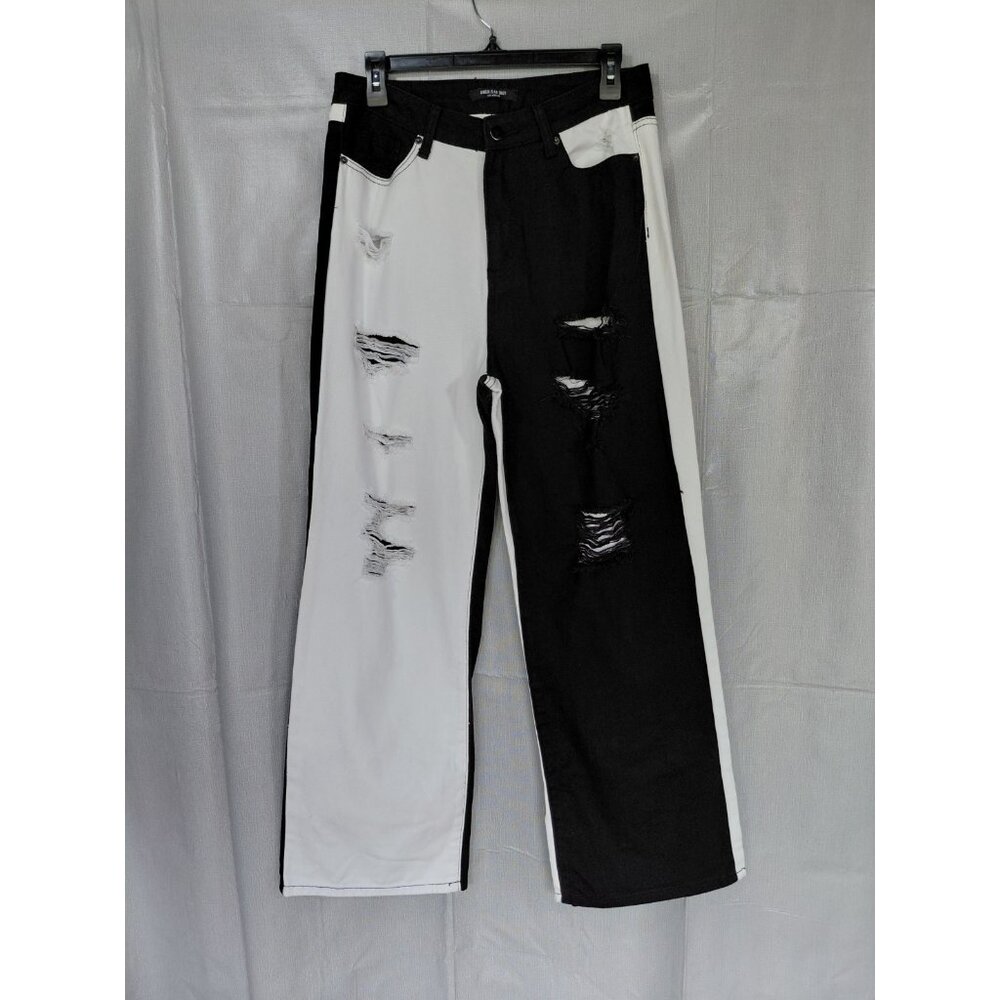 American Bazi Distressed Colorblock Black White Jeans LG Wide Leg‎ Baggy Skater